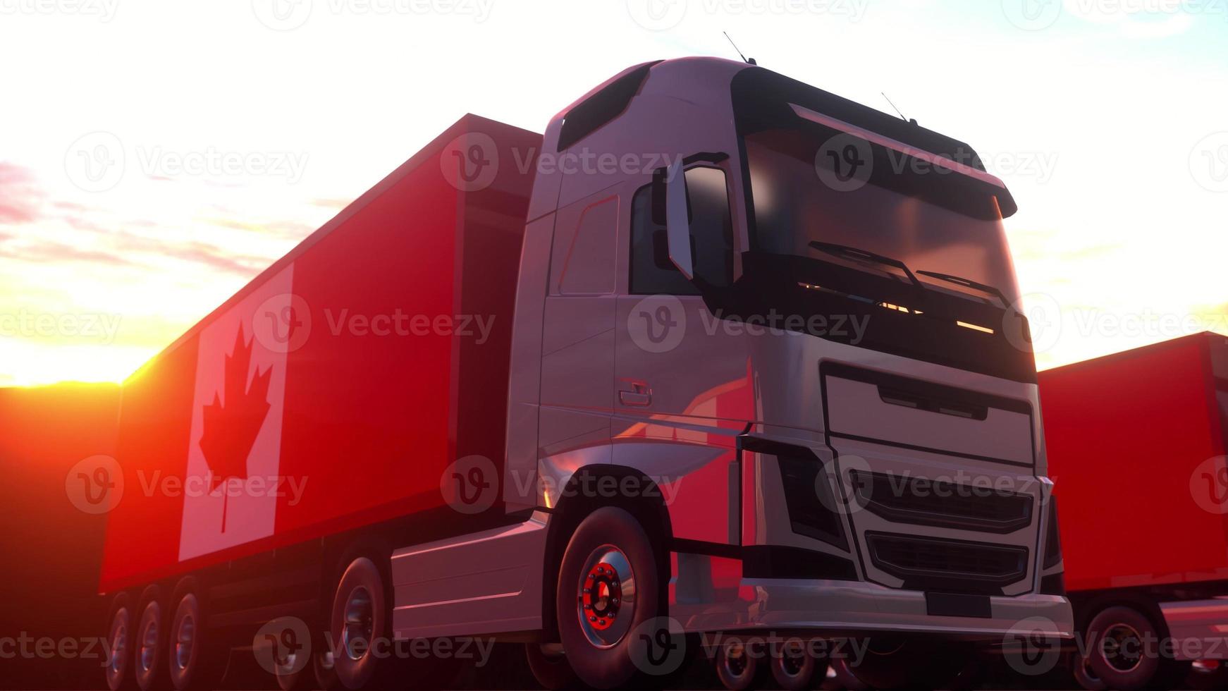 Cargo trucks with Canada flag. Trucks from Canada loading or unloading at warehouse dock. 3d rendering photo