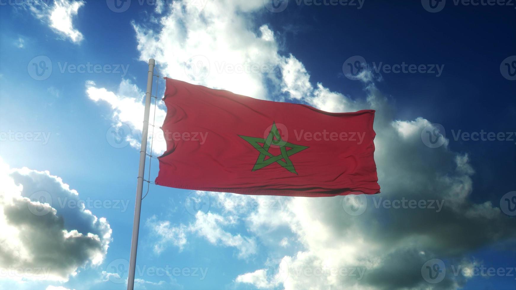 Flag of Morocco waving at wind against beautiful blue sky. 3d rendering photo