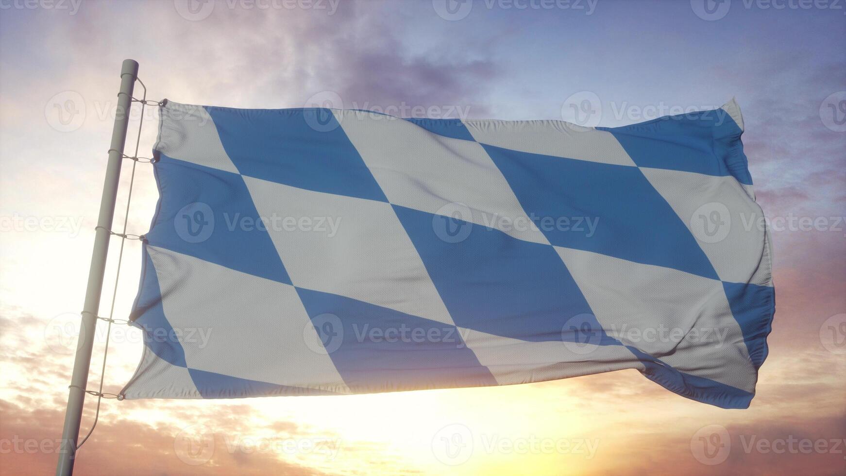 Bavaria flag, Germany, waving in the wind, sky and sun background. 3d rendering photo