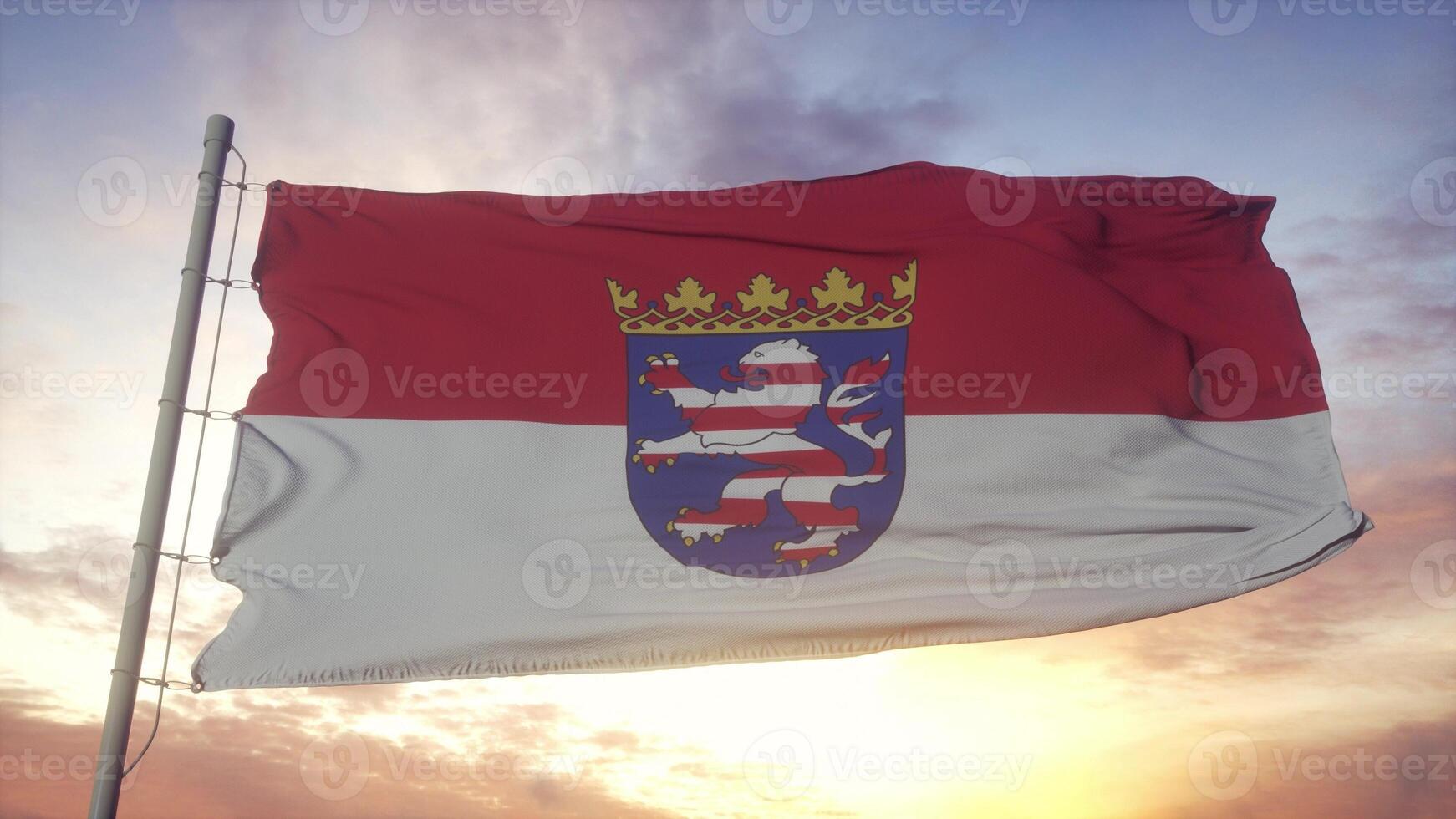 Hesse flag, Germany, waving in the wind, sky and sun background. 3d rendering photo