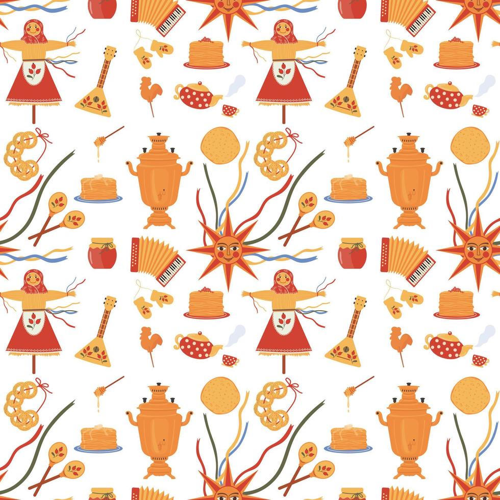 Maslenitsa or Shrovetide seamless pattern. Russian traditional holiday Carnival. vector