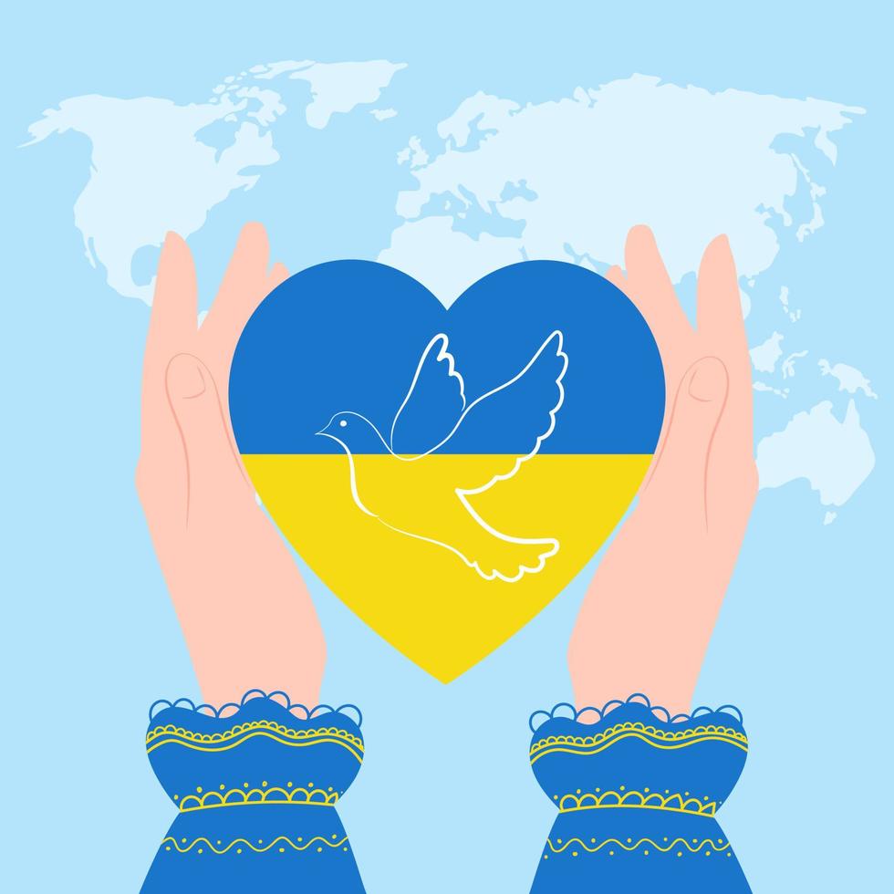 Heart flag of Ukraine with a dove of peace, in female hands. Concept - no war in Ukraine. vector