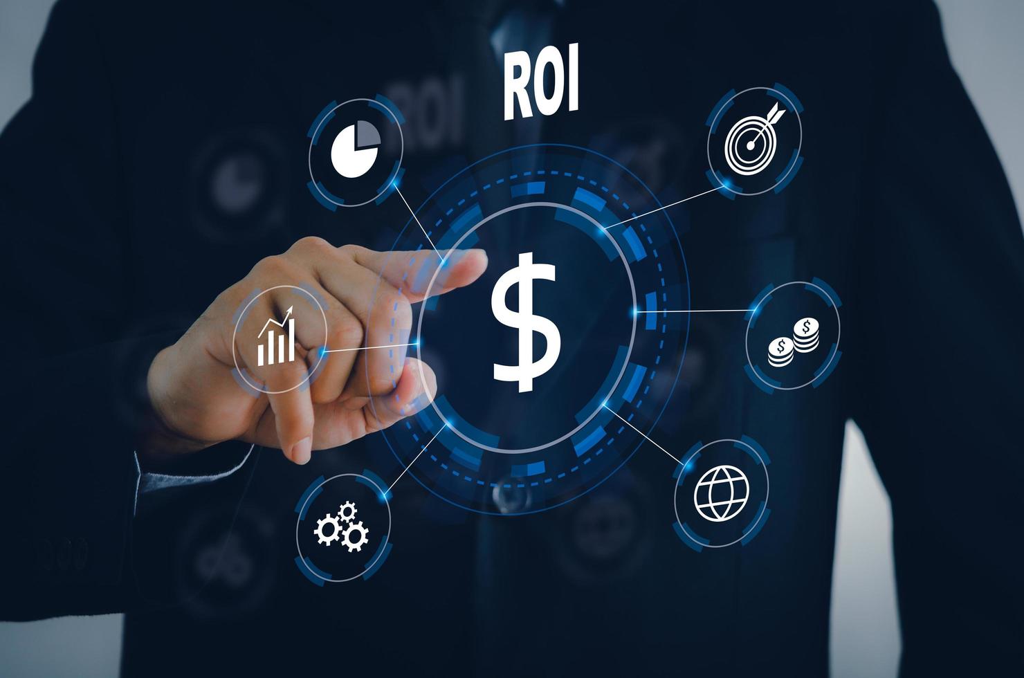 roi retorno de la inversión concepto de tecnología de big data y finanzas empresariales de internet de pantalla virtual. foto