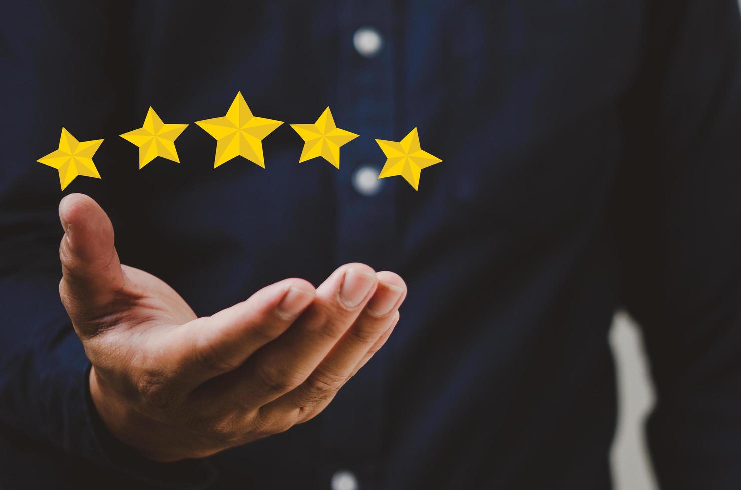 Customer concept excellent service for satisfaction five star rating with business man touch screen. About feedback and positive customer reviews. photo
