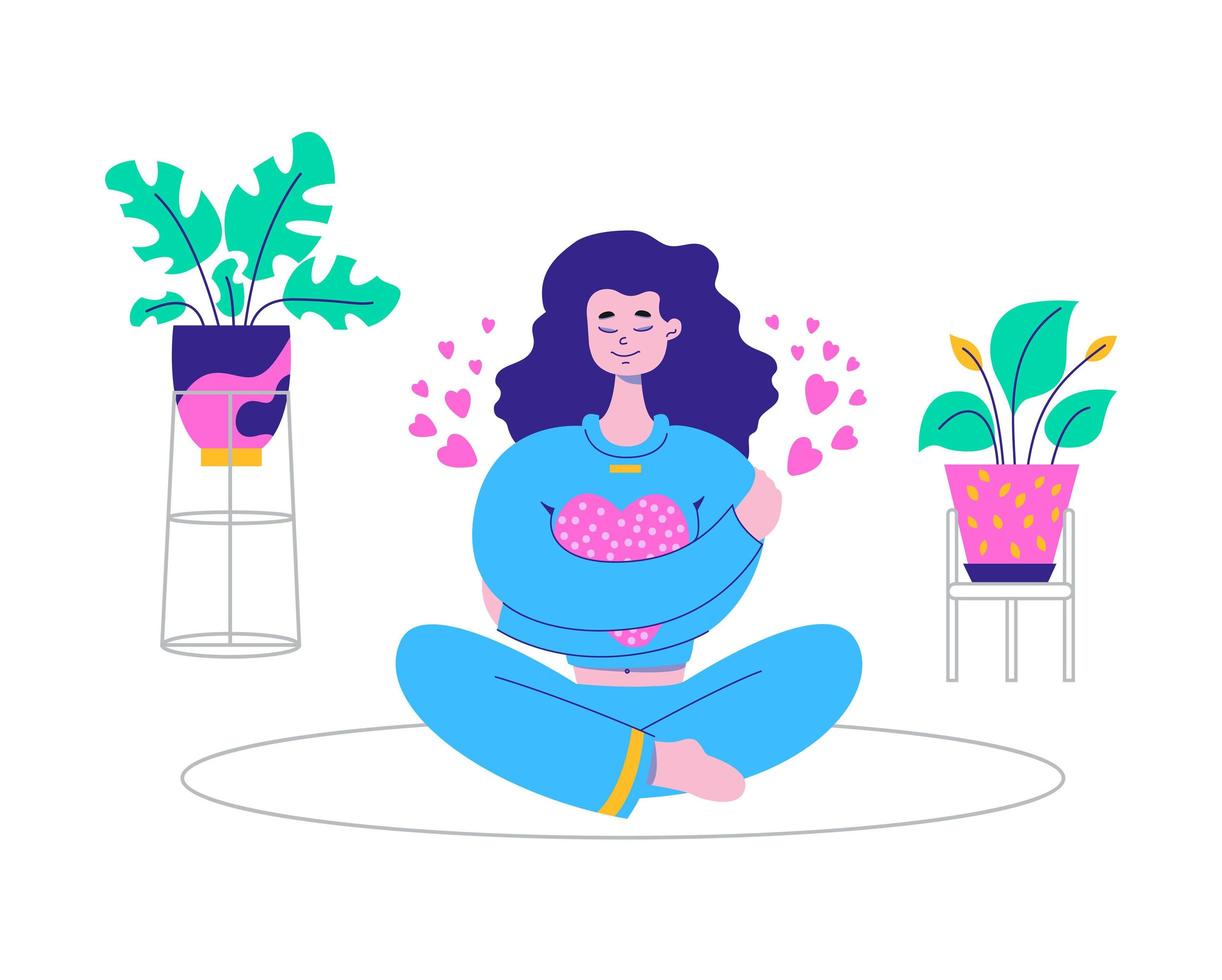 Smiling woman Hugging herself and sitting on the carpet, around the houseplants. Love yourself, self care, Body care, self acceptance, positive concept. Hand drawn vector flat cartoon illustration