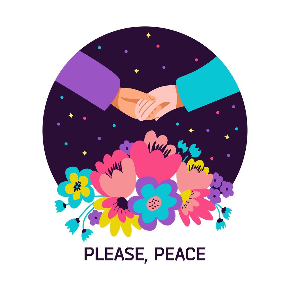 Two people hold hands against the background of a starry sky and bright flowers. Friendship, peace, love. Please Peace, no war. Concept vector flat illustration