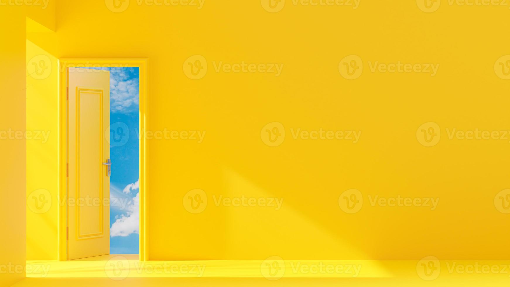 Yellow door is open Outside was bright sky. Light from the side creates high contrast. Space for banner and logo background. 3D Render. photo