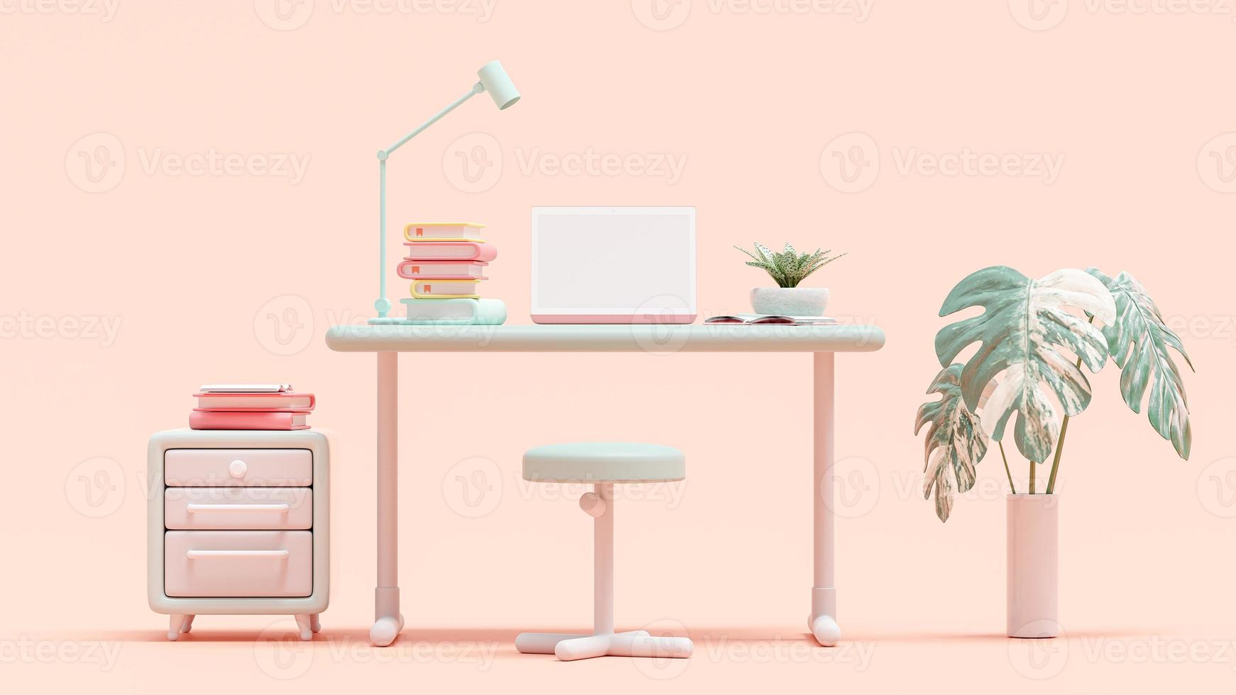 Pink laptop on green work desk with storage shelves placed and plant on the side. Designed in pastel tones, 3D Render. photo