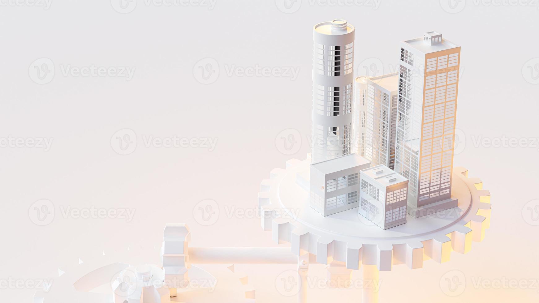 Several white building on white gear. Space for banner and logo background. Minimal idea concept, 3D Render. photo