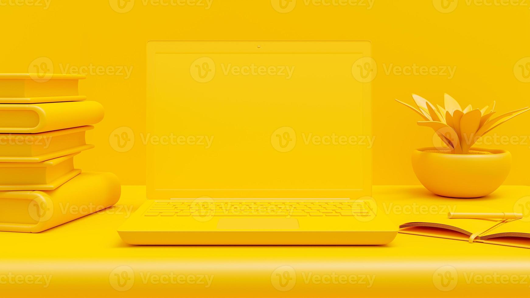 maqueta de portátil amarillo en el escritorio de trabajo, con portátil y planta a un lado. concepto de idea mínima, presentación 3d. foto