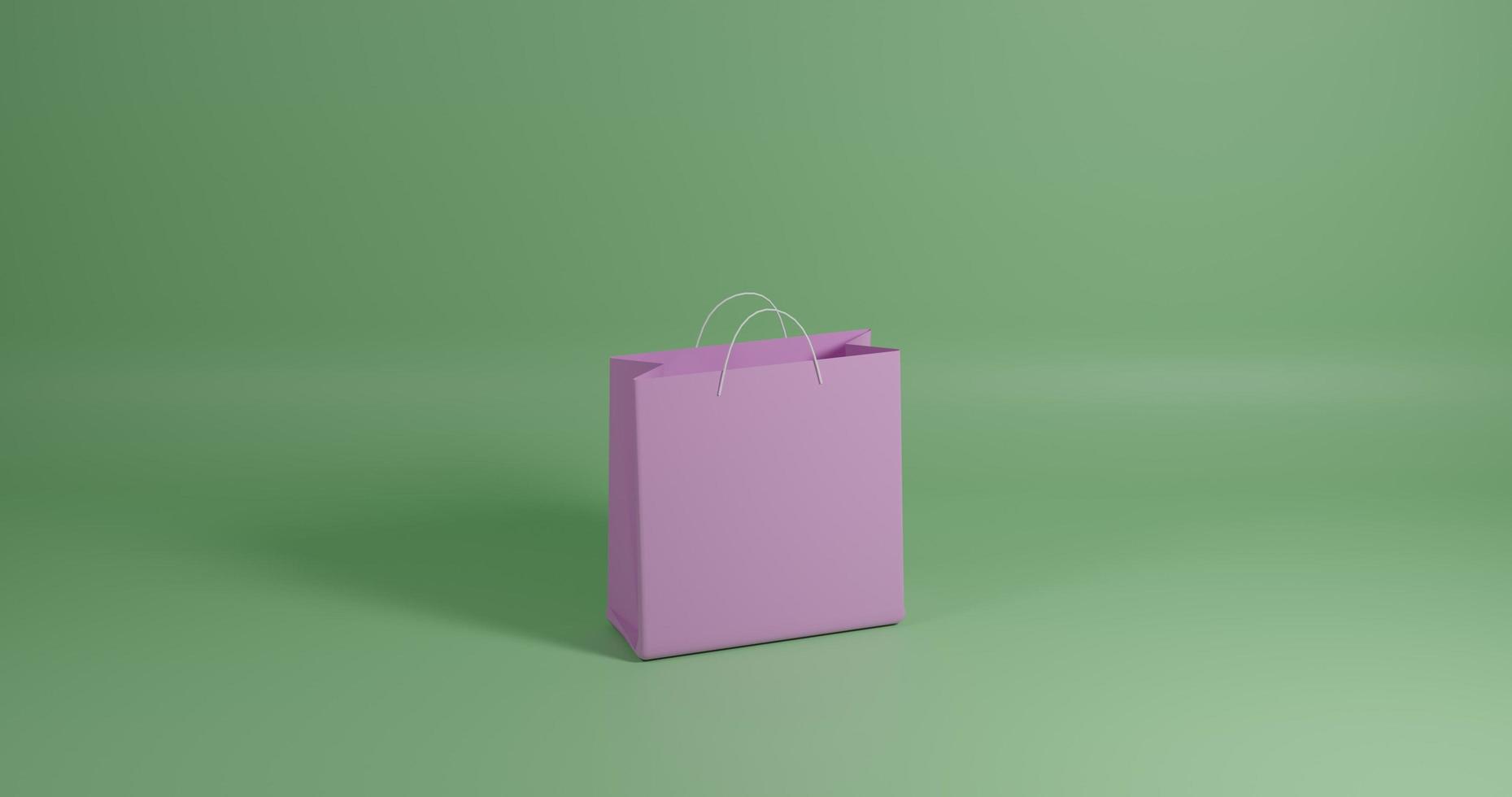 bolso de compras rosa aislado sobre fondo verde. representación 3d foto