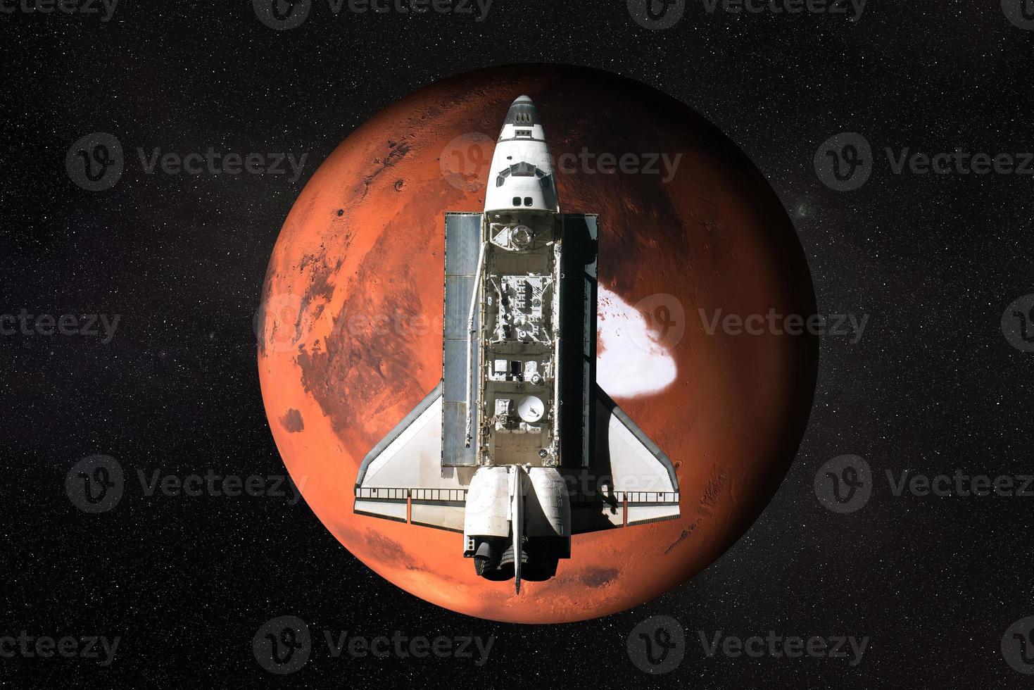 Flying space shuttle close to the Mars planet of solar system. North Pole of the Mars planet in the space. 3D render illustration. Elements of this image were furnished by NASA photo