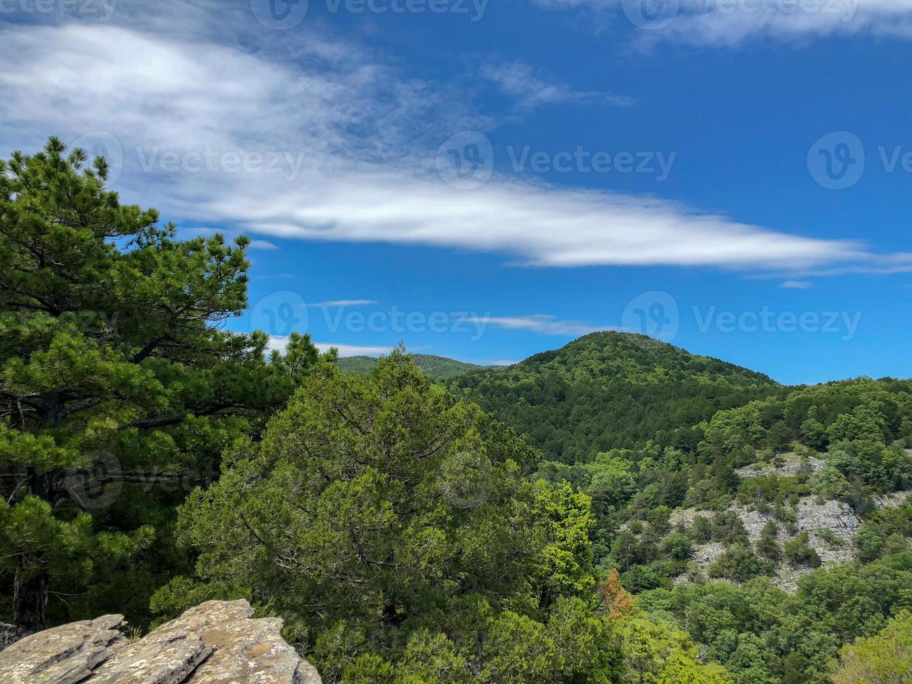 blue sky white clouds on the hill, mountain with a trees view. photo