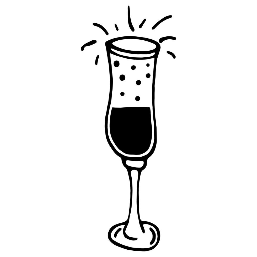 Glass of champagne vector icon. Isolated illustration on white. Hand-drawn doodle. Black outline of a cup with sparkling alcohol. Bubble drink. Cocktail line art. Monochrome.