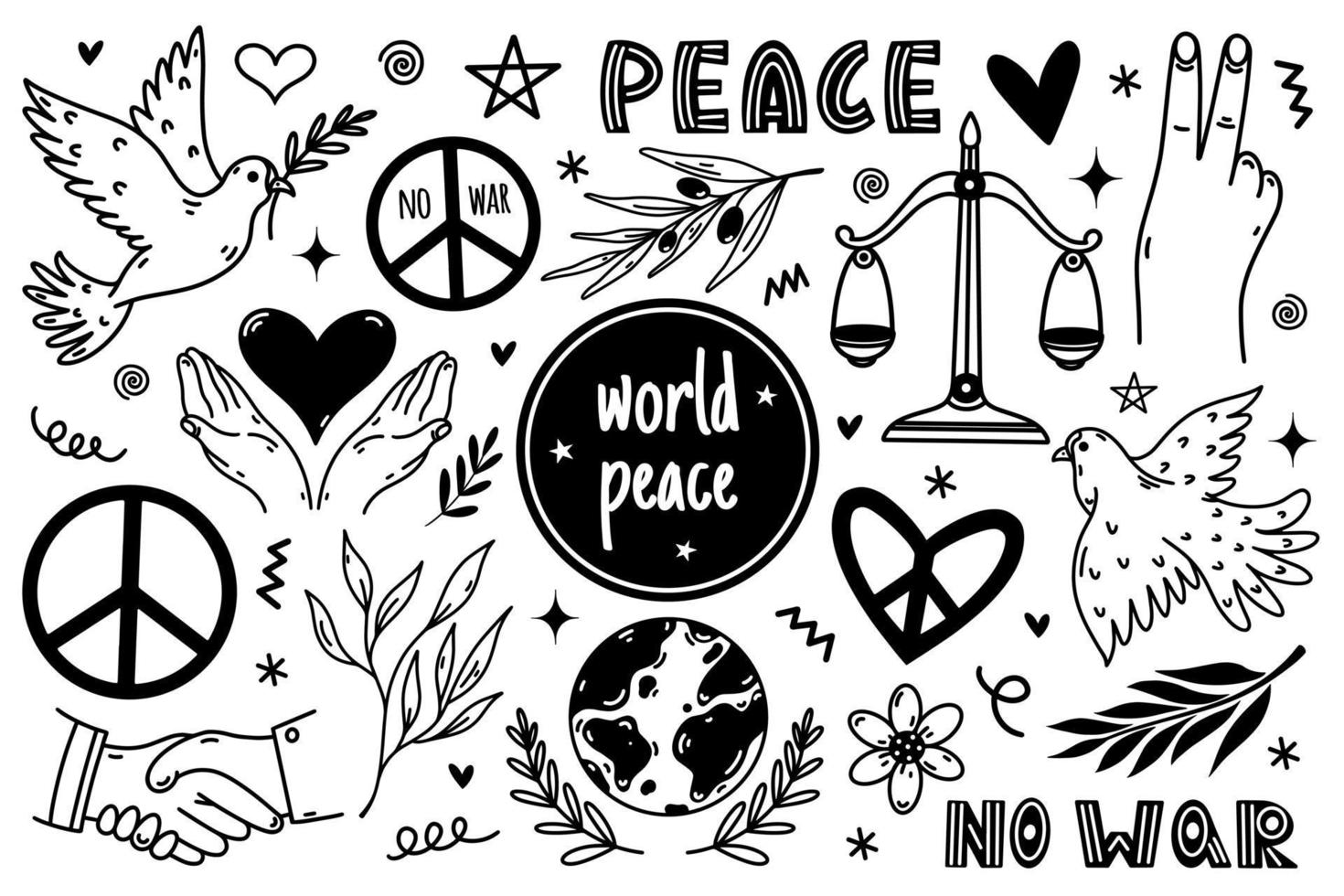Peace symbol icon set. Hand drawn illustration isolated on white background. Pacifism sign - dove, handshake, olive branch, heart, planet. No war, monochrome doodle collection. vector