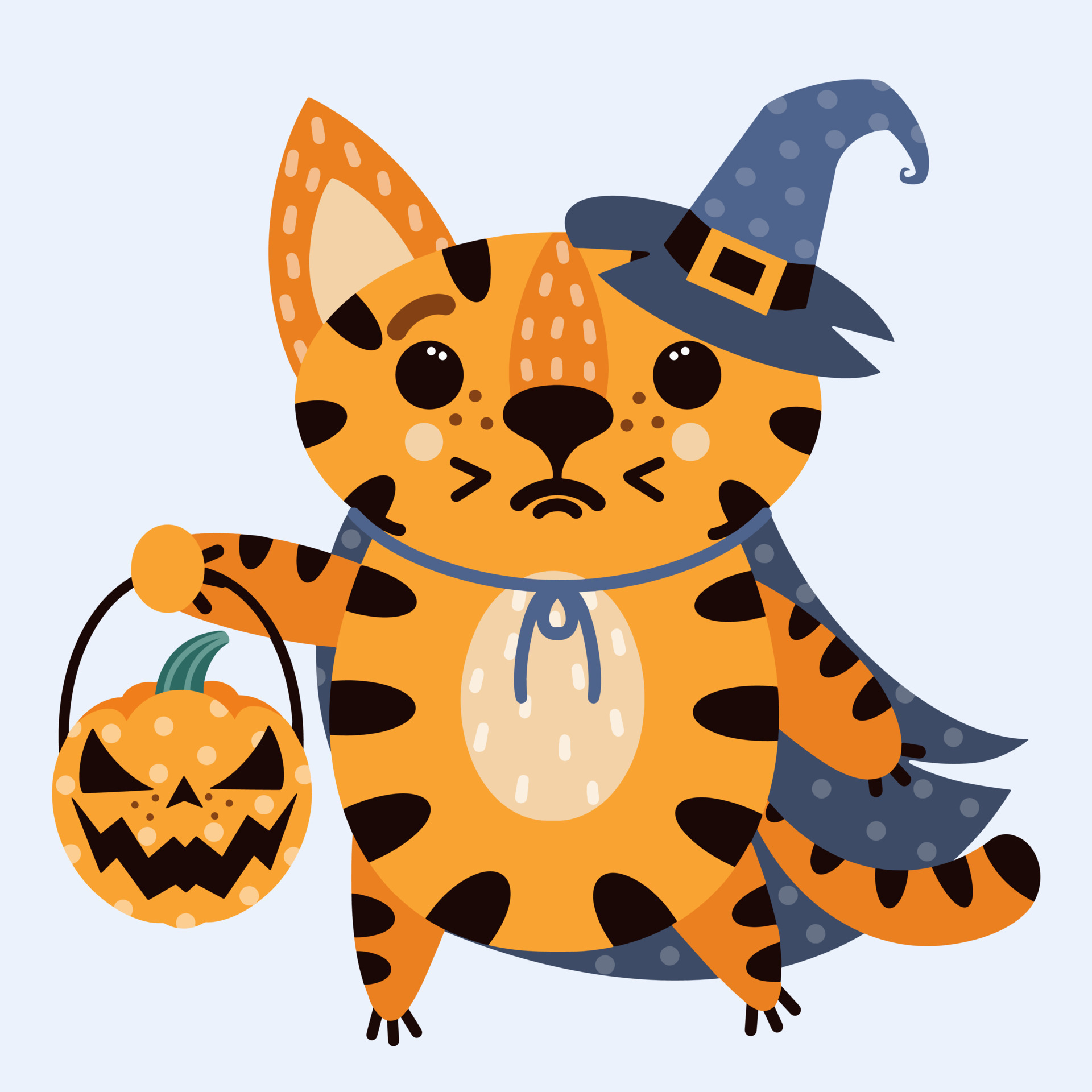 Cute cartoon striped tiger. Cat in a witch hat and cloak. The animal is  holding a Halloween pumpkin. A kitten in a fancy dress celebrates All  Saints Day. Vector icon isolated on