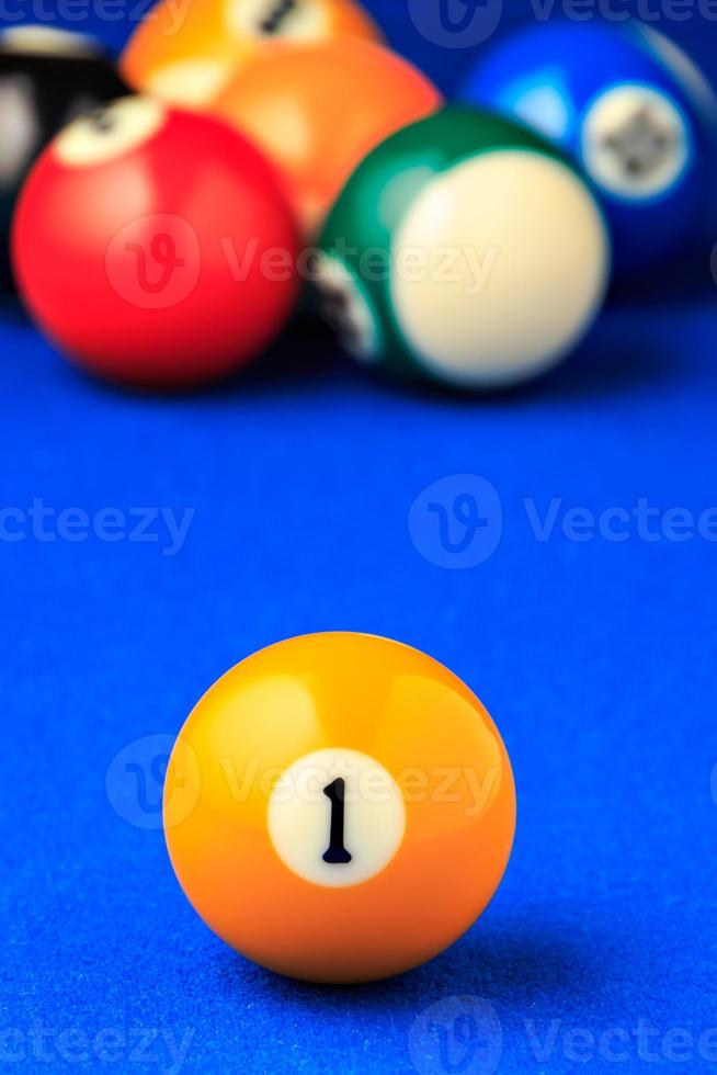 Different points of view billiard balls on a blue pool table. photo