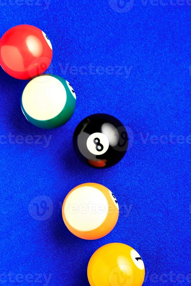 Different points of view billiard balls on a blue pool table. photo