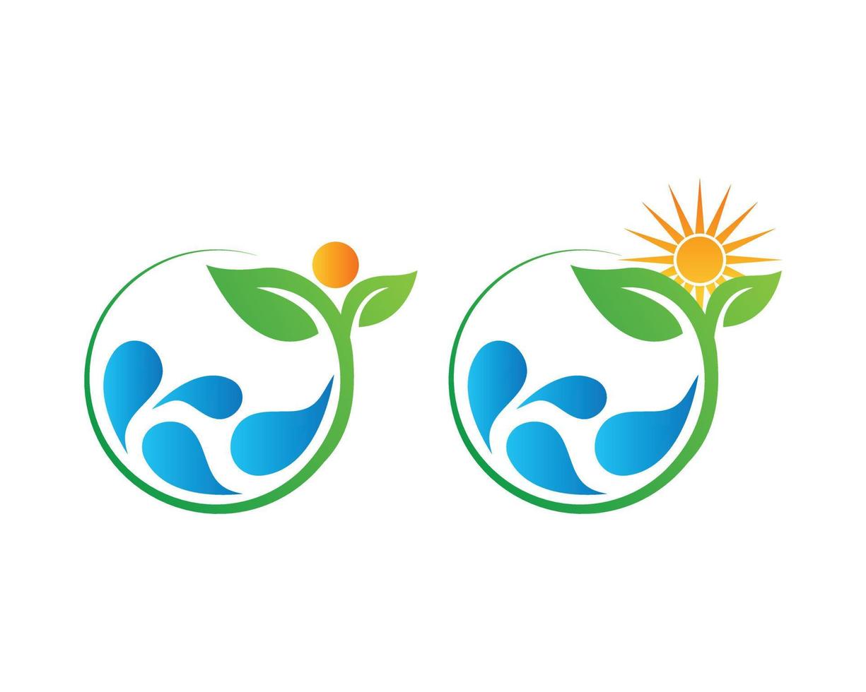 logotipo hermosa naturaleza icono elemento plantilla diseño logotipos. sol, hoja y agua, icono de onda, logo. ilustración común. vector