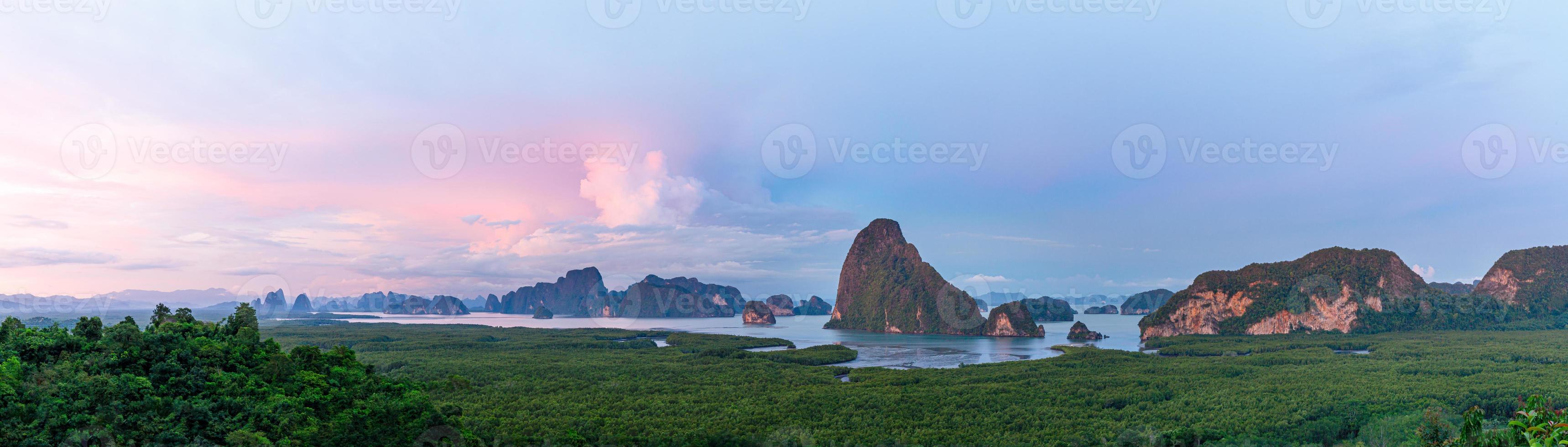 Samet Nangshe viewpoint mountain landscape Phang Nga bay Phuket Thailand at sunset photo