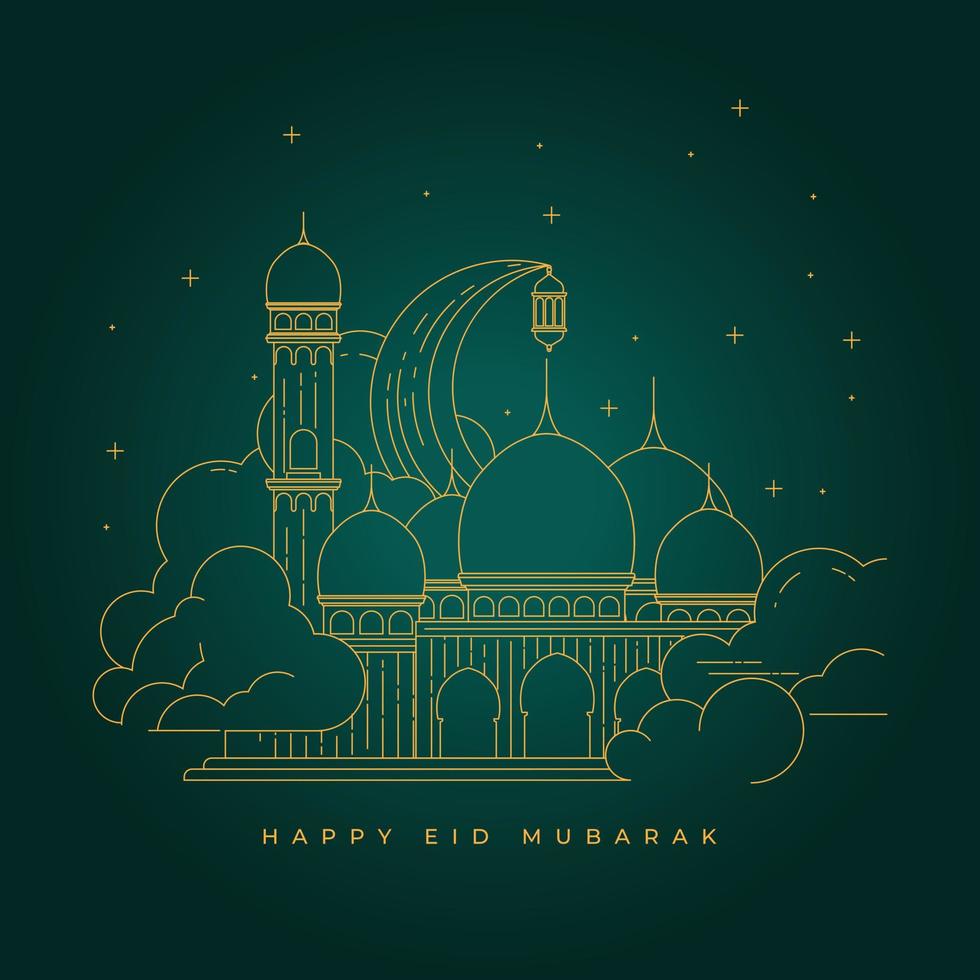 line art of Eid mubarak vector illustration with green background design.