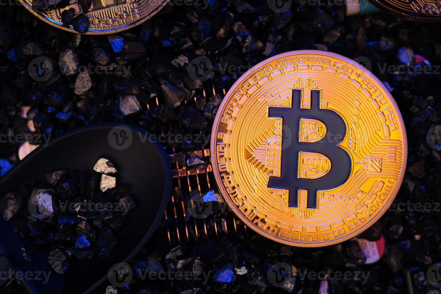 Mining Bitcoin crypto currency on circuit  board.virtural money.blockchain technology.mining concept photo