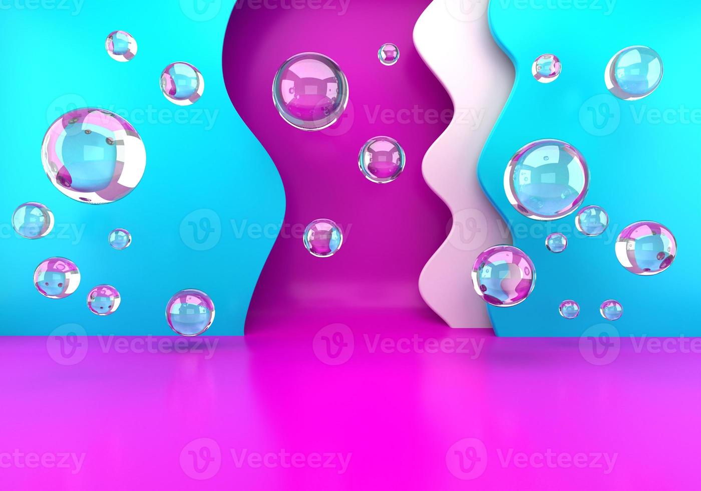 Podium with soap bubbles. Pastel gradients luxury podium for your design with paper waves. Fashion show stage. 3d. photo