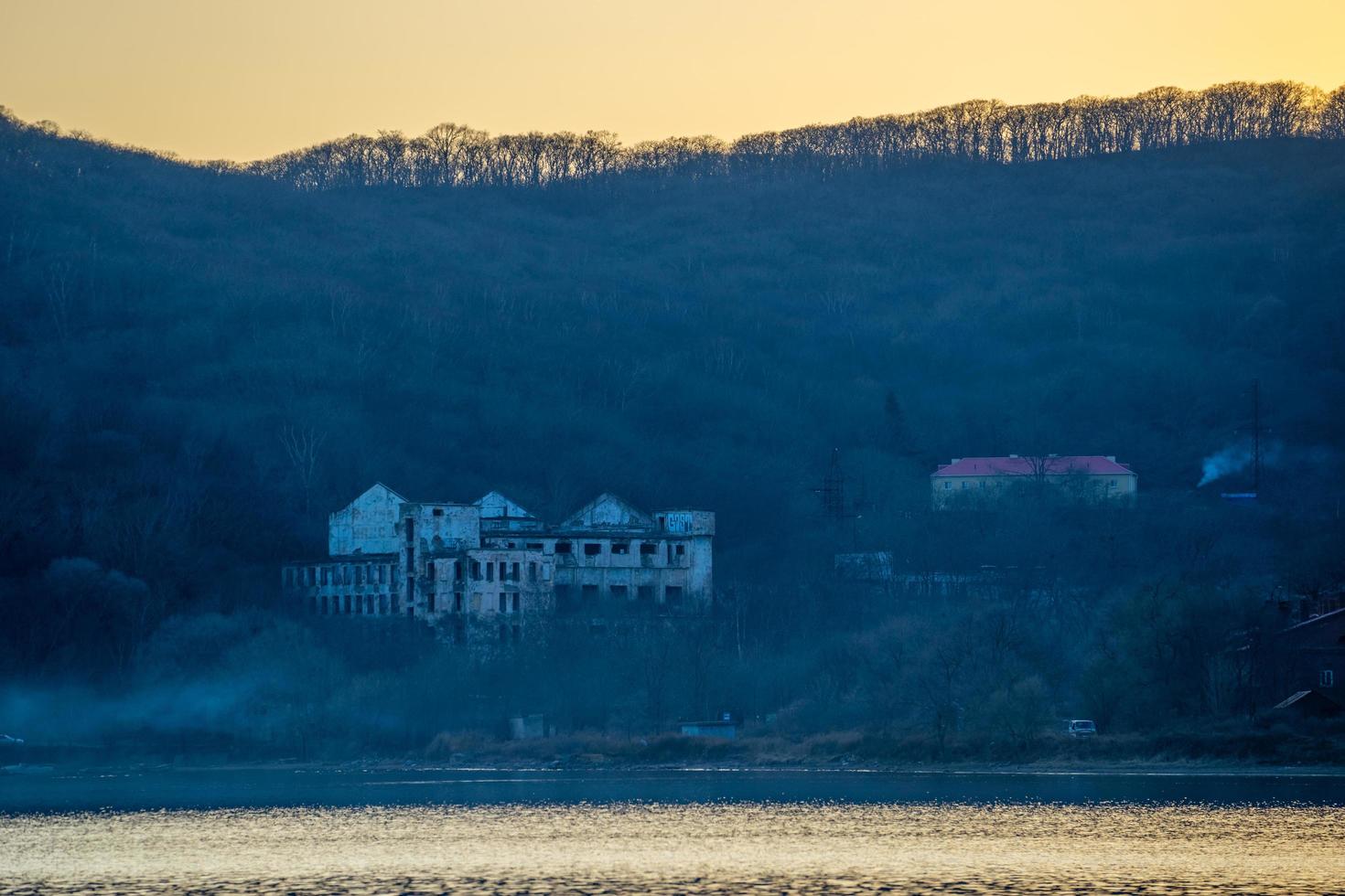 Seascape overlooking the ruined building on the island of Russian. Vladivostok photo