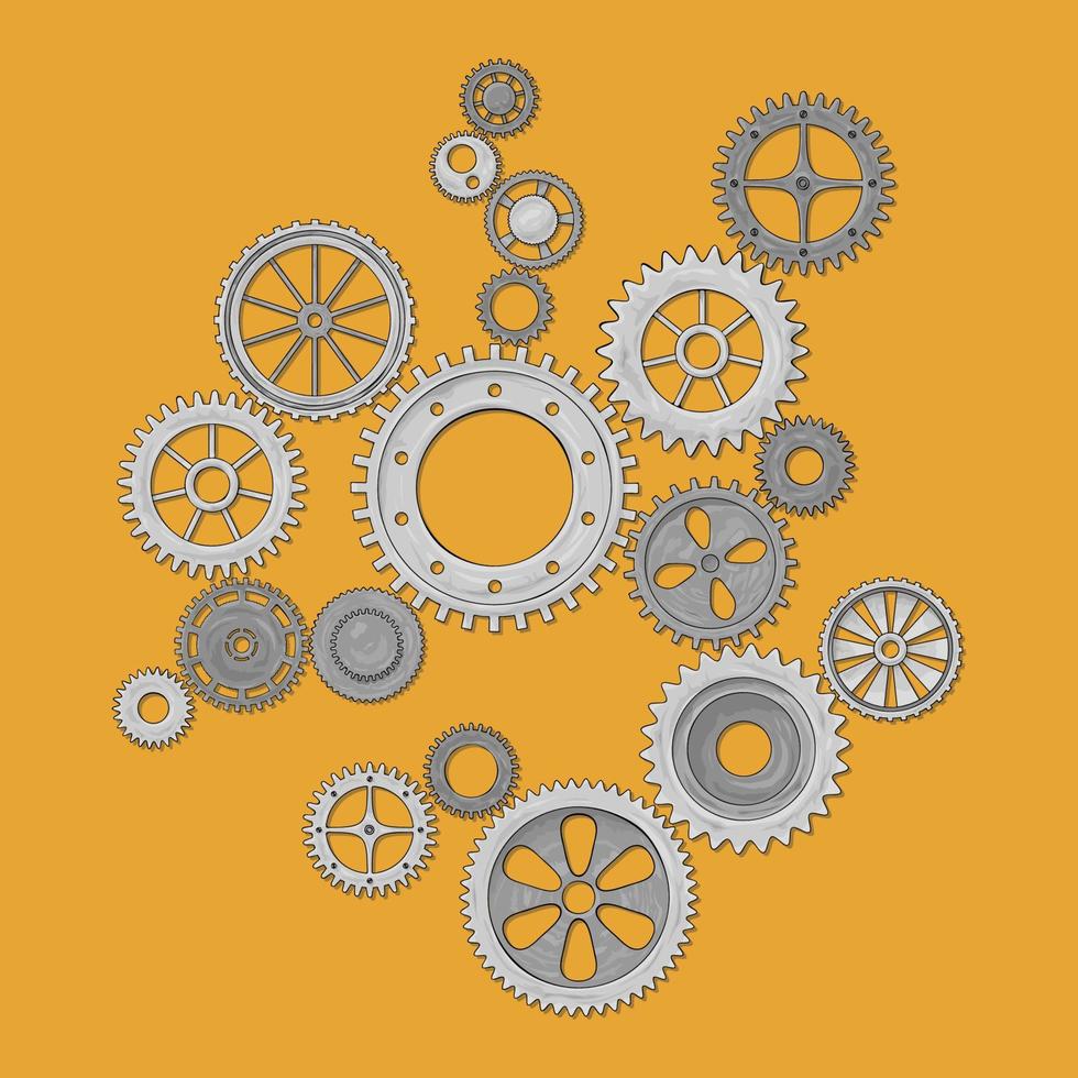 Vector illustration of a gear. Grey round gear elements of the mechanism. Group silver isolated details.