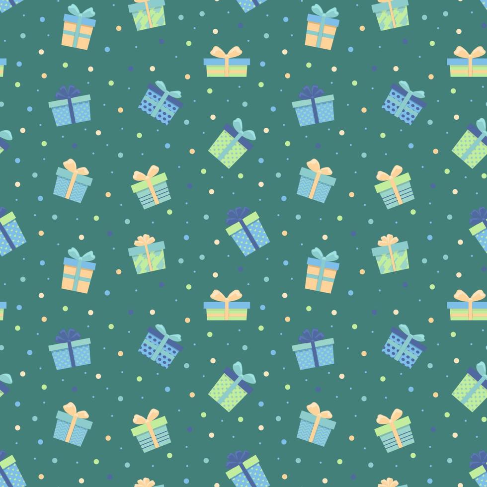 Seamless pattern of colored gift boxes with ribbon. Hand drawn print. Beautiful festive packaging vector