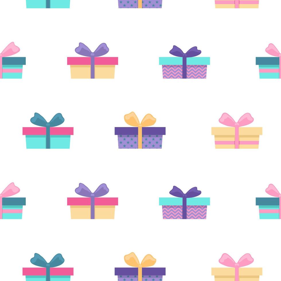 Seamless pattern of colored gift boxes with ribbon. Hand drawn print. Beautiful festive packaging vector