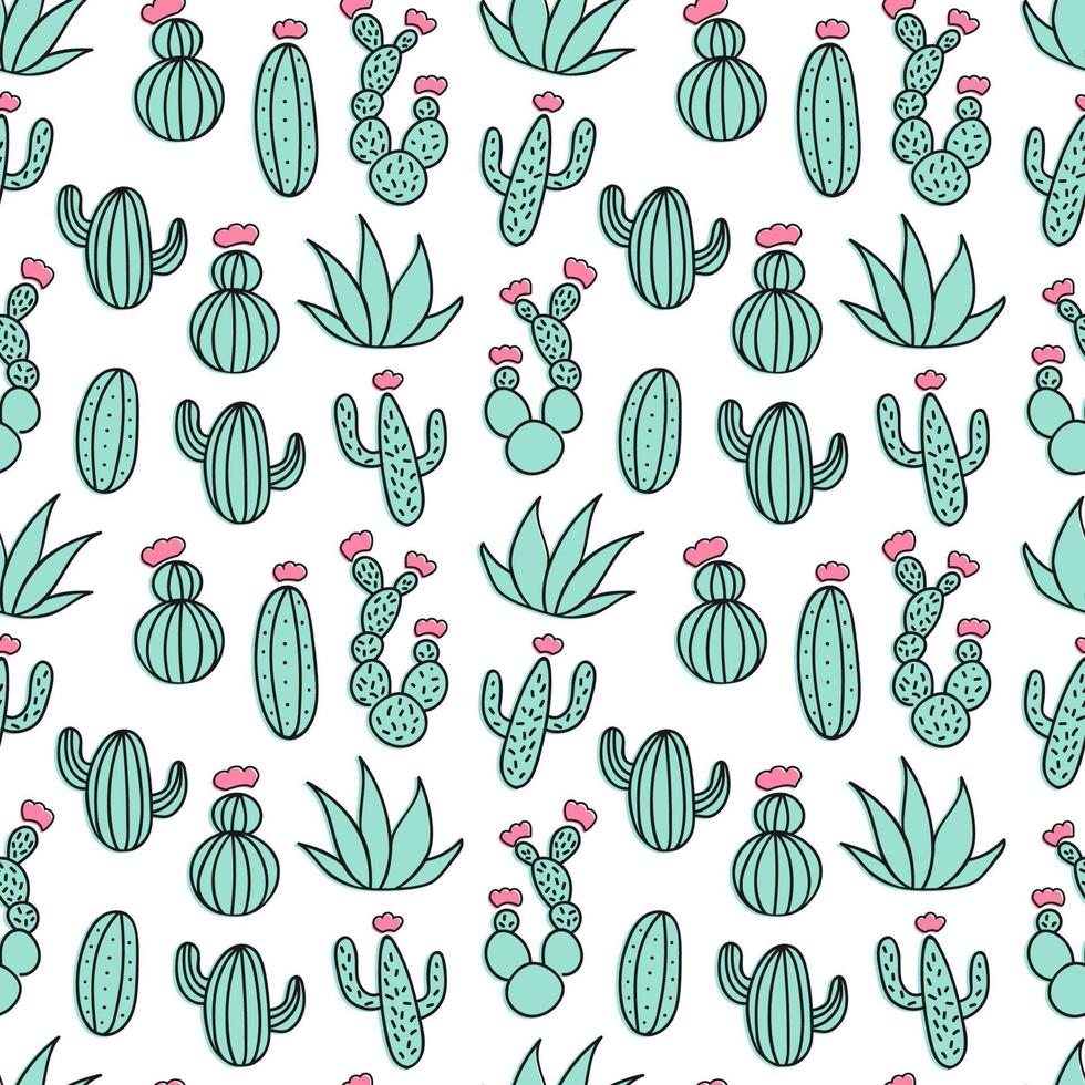 Mint and white cactus desert seamless pattern. Cacti tribal boho background. Fabric print design. Succulent vector