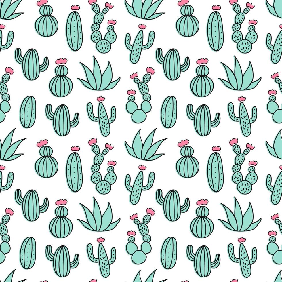 Mint and white cactus desert seamless pattern. Cacti tribal boho background. Fabric print design. Succulent vector