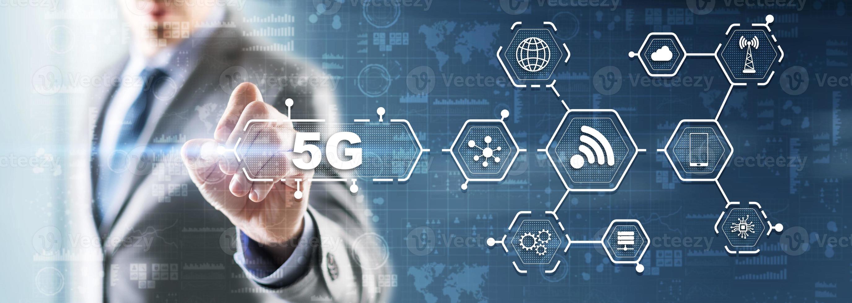 5G Network Wireless Internet concept. Man touching 3D icon 5G photo