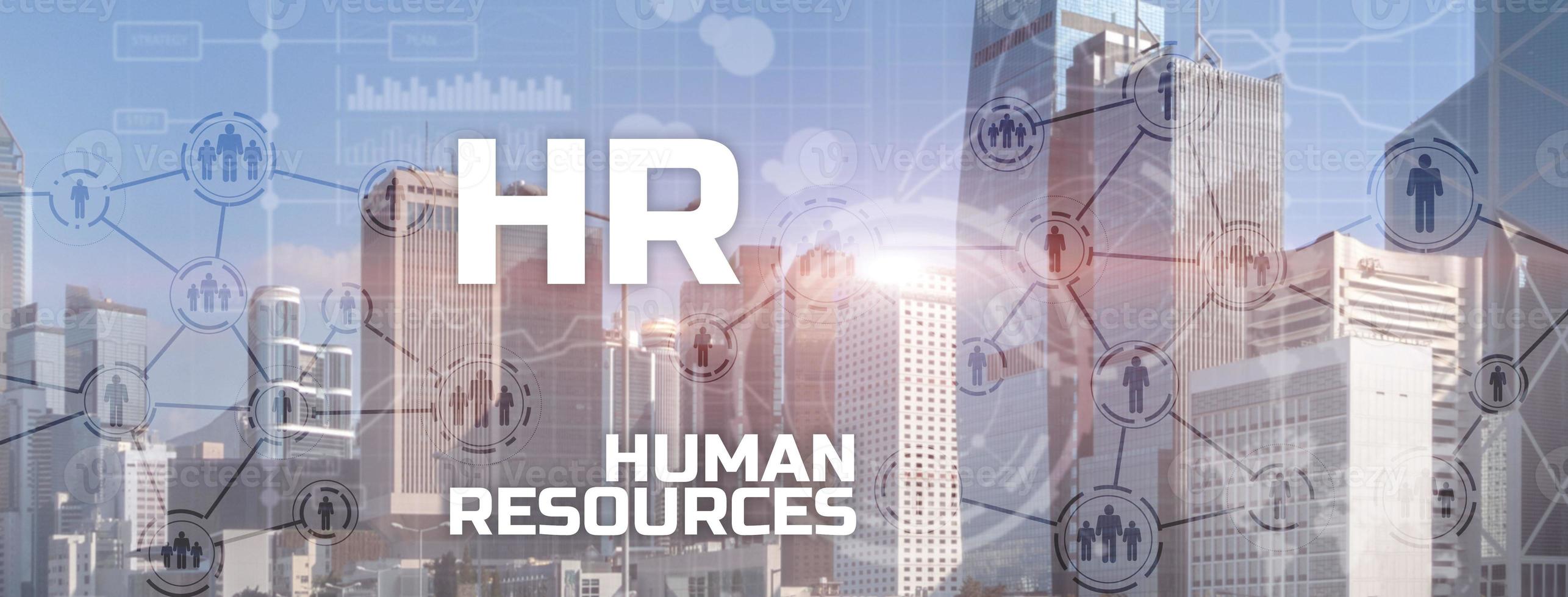 HR - Human resources management and recruitment concept on modern city. Double exposure people network structure photo