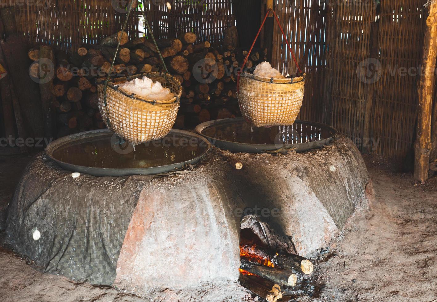 Production of Natural Rock Salt by Boiling Saline From Sinthao Salt Pond in Small Village of Nan, Thailand photo