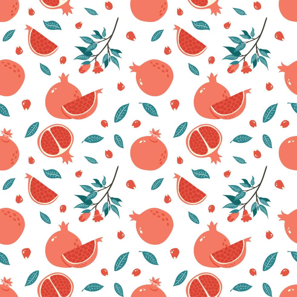 Pomegranate Seamless Pattern. Half, Slice and Whole Juicy Garnet, Leaves, seeds and branch. Hand Drawn fruit ornament for background, fabric, wrapping paper, menu, food package and interior design vector