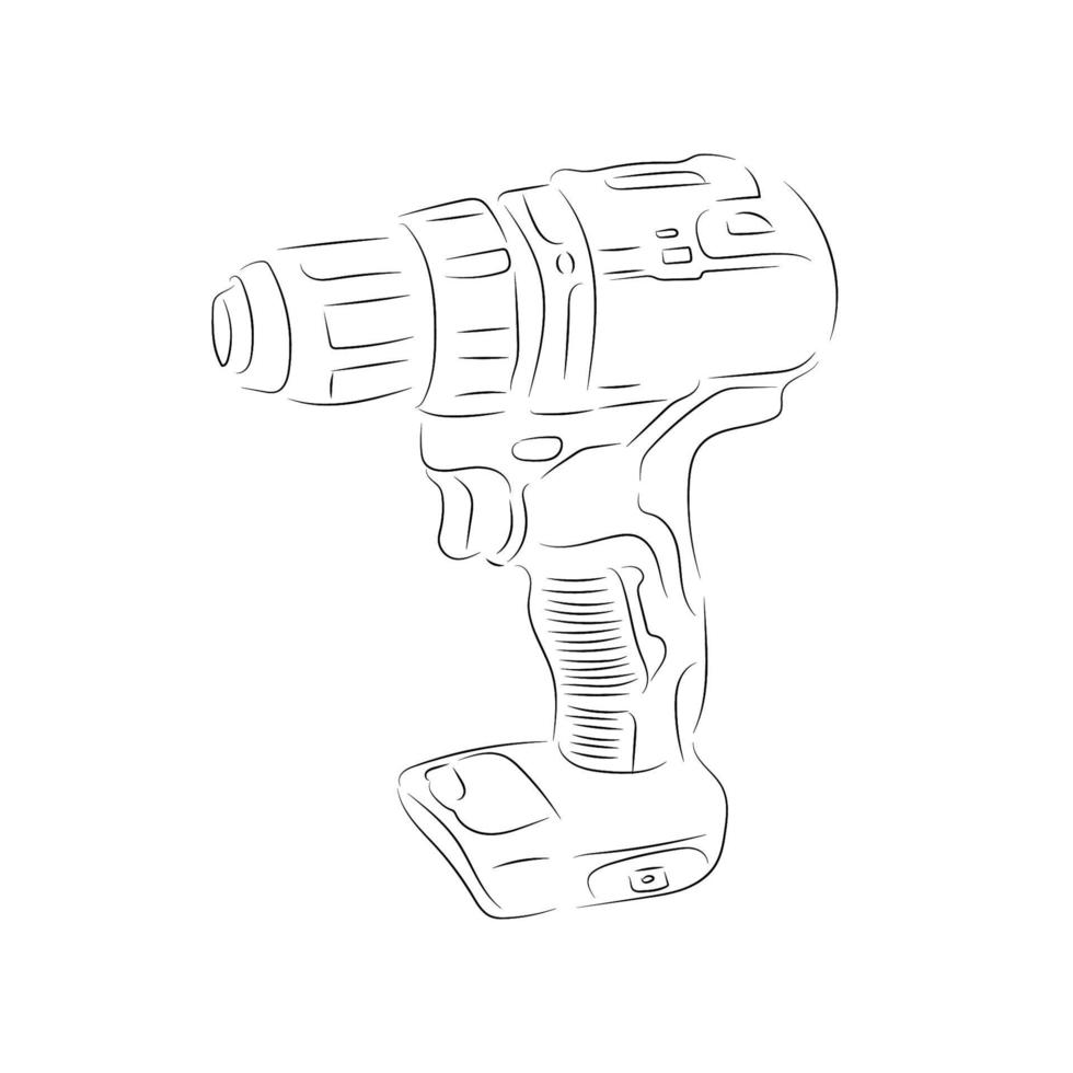 Drilling machine or hand drill, vector flat illustration, isolated on white. Line art.