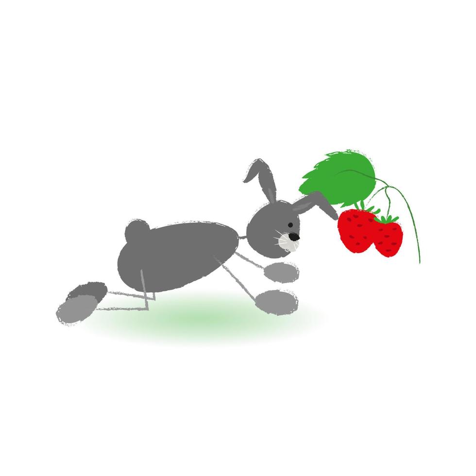 Bunny eating strawberries. Textured character vector