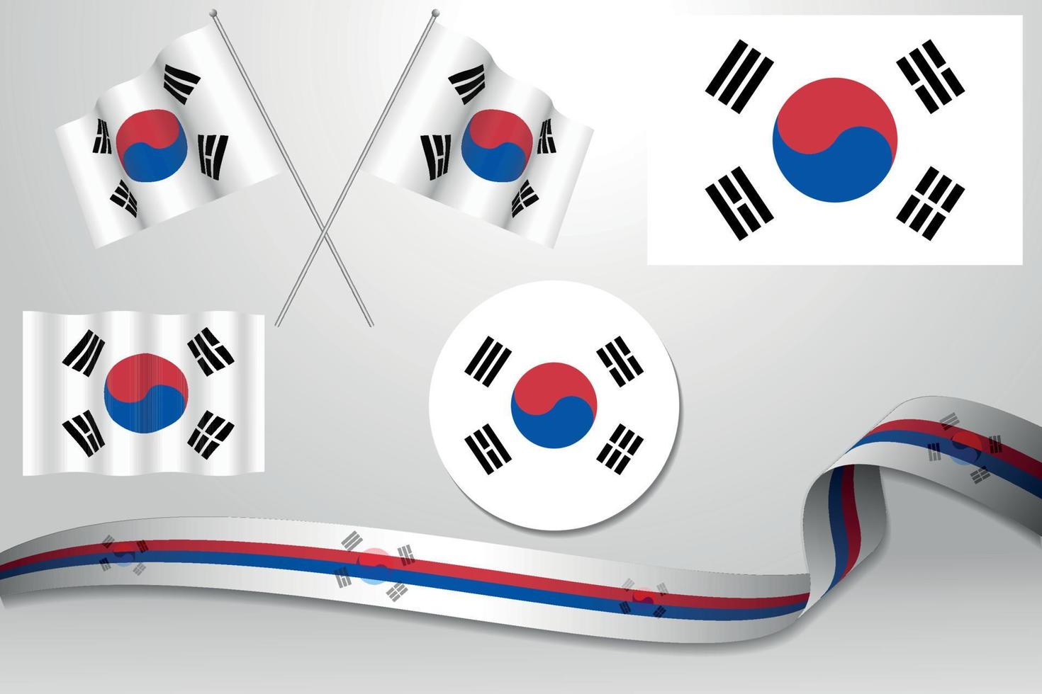 conjunto de banderas de corea del sur en diferentes diseños, icono, banderas desolladas con cinta con fondo. vector libre