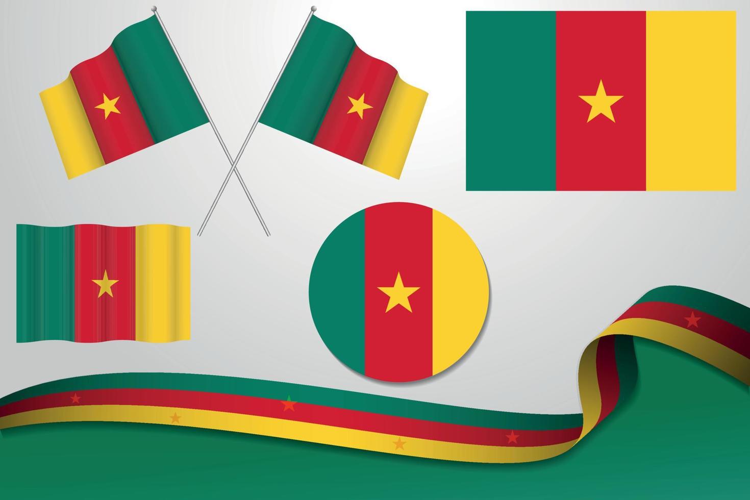 Set Of Cameroon Flags In Different Designs, Icon, Flaying Flags With ribbon With Background. Free Vector