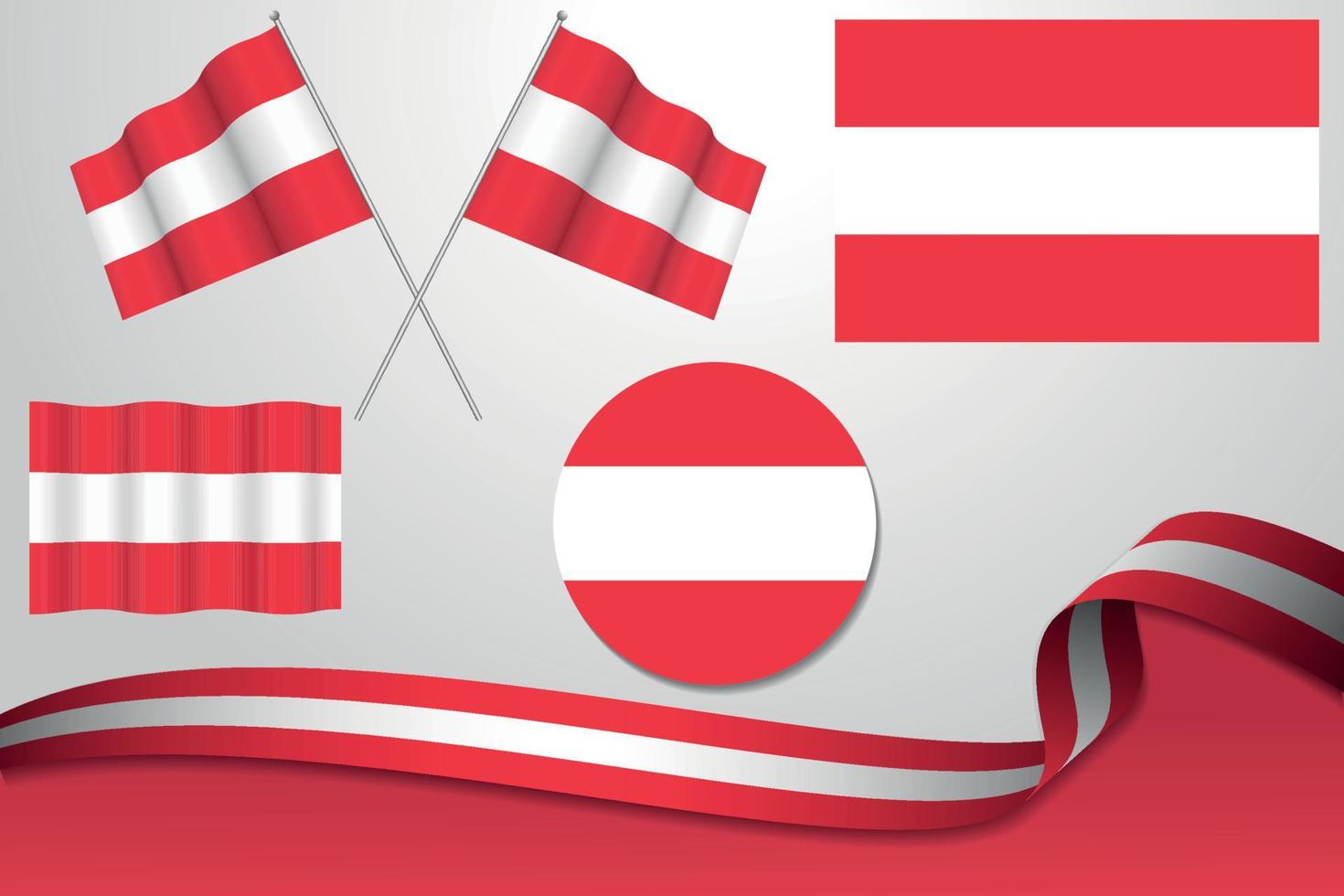 conjunto de banderas de austria en diferentes diseños, icono, banderas desolladas con cinta con fondo. vector libre