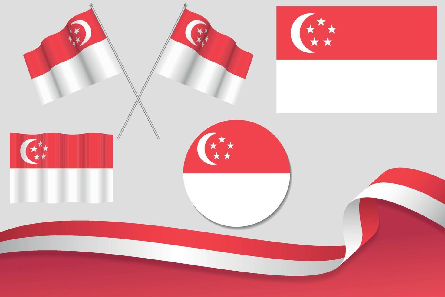 Set Of Singapore Flags In Different Designs, Icon, Flaying Flags With ribbon With Background. Free Vector