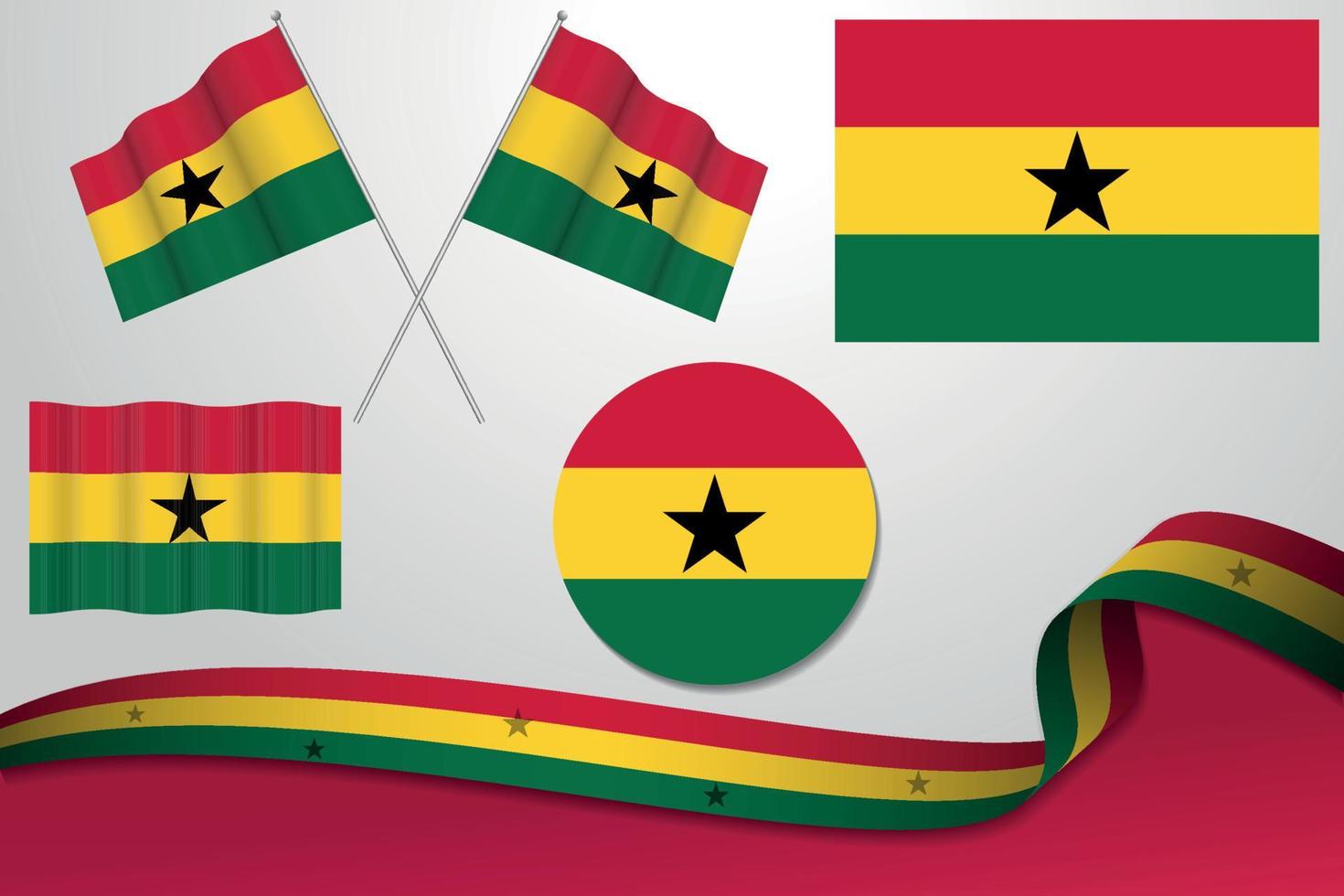 Set Of Ghana Flags In Different Designs, Icon, Flaying Flags With ribbon With Background. Free Vector