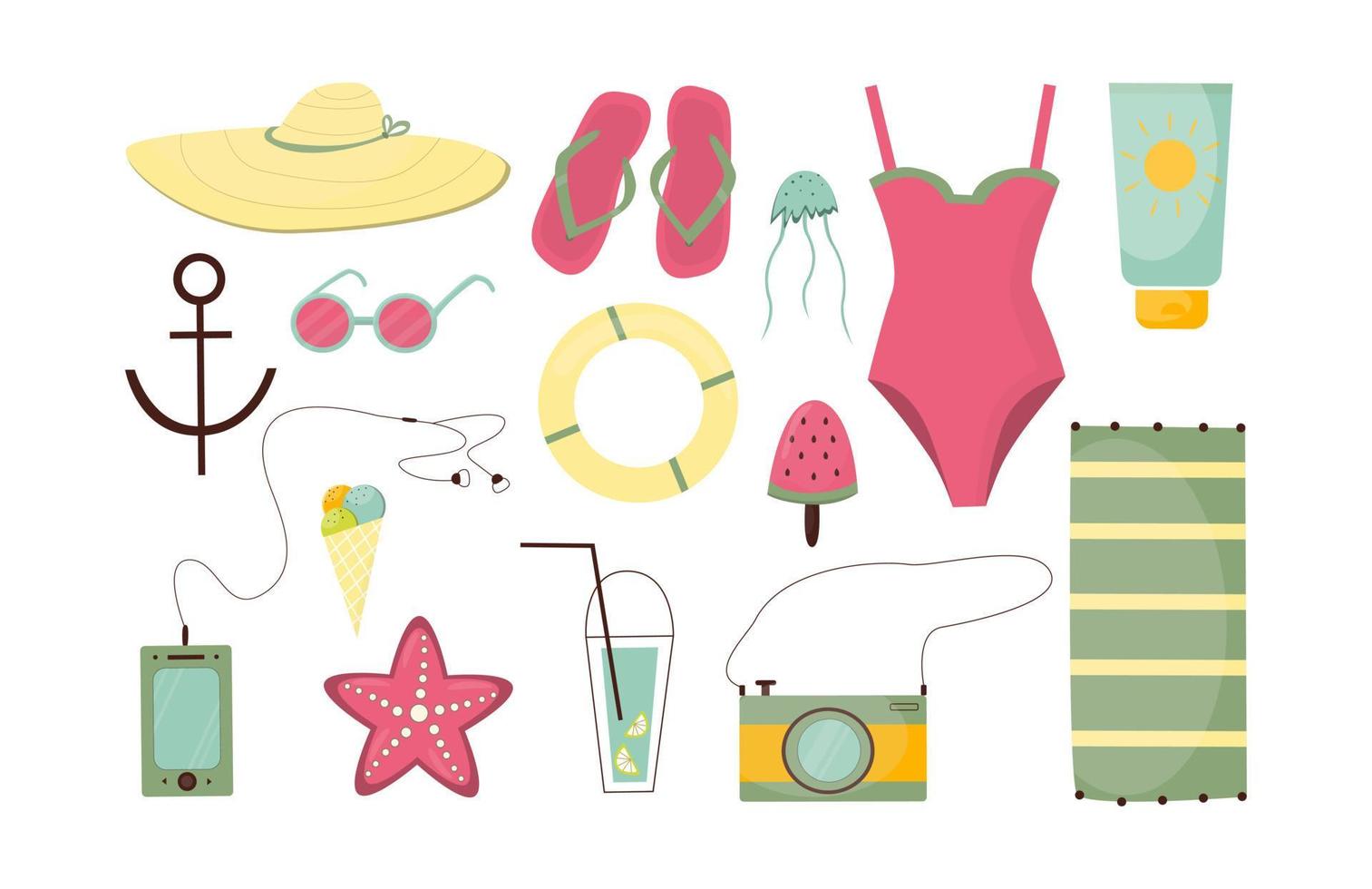 cosas de playa para viajes de verano. accesorios de vacaciones para vacaciones en el mar. ilustraciones vectoriales planas aisladas sobre fondo blanco. vector