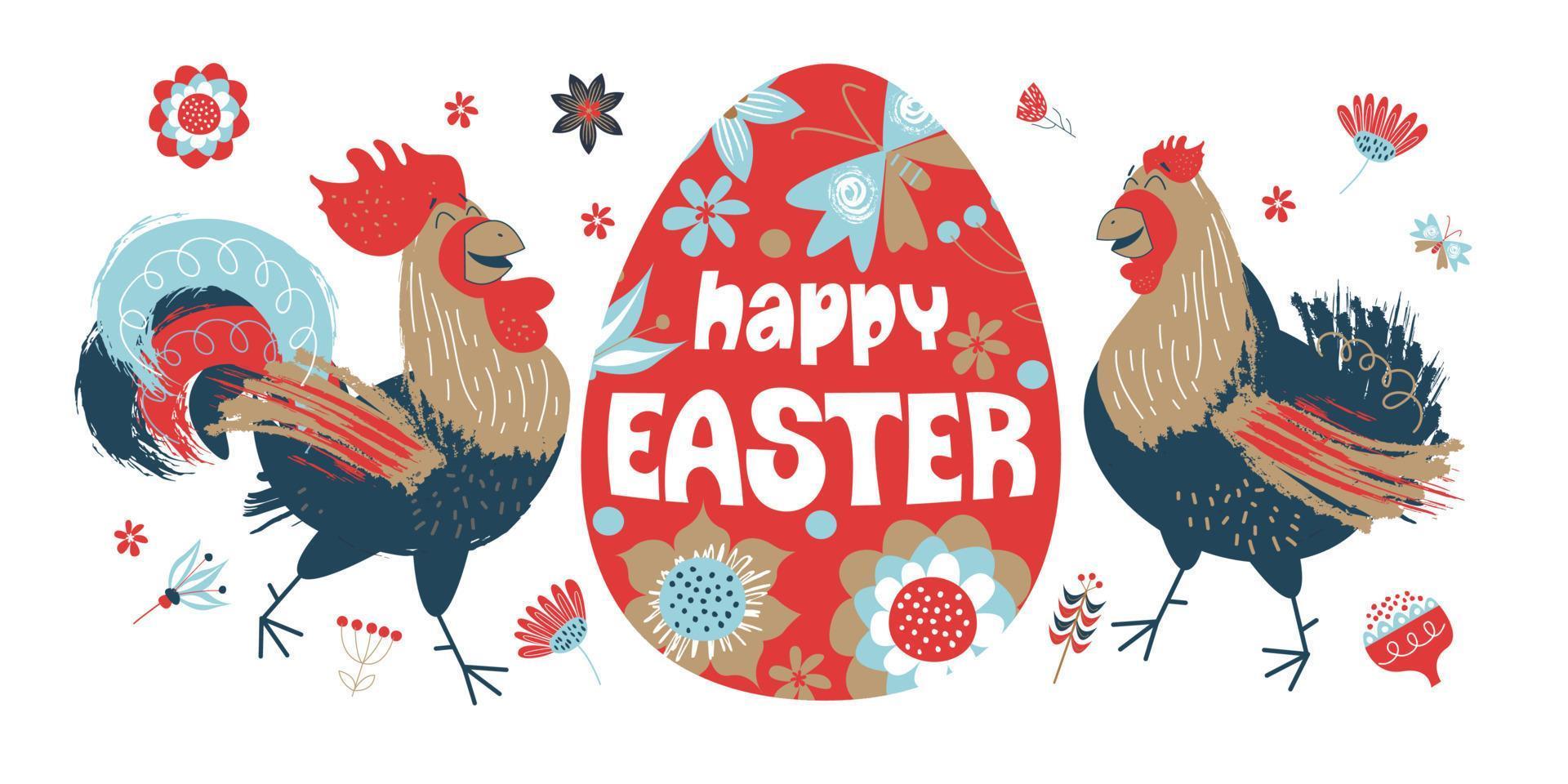 happy Easter. Colorful Easter banner with spring flowers and a cheerful rooster and a chicken with Easter egg. vector