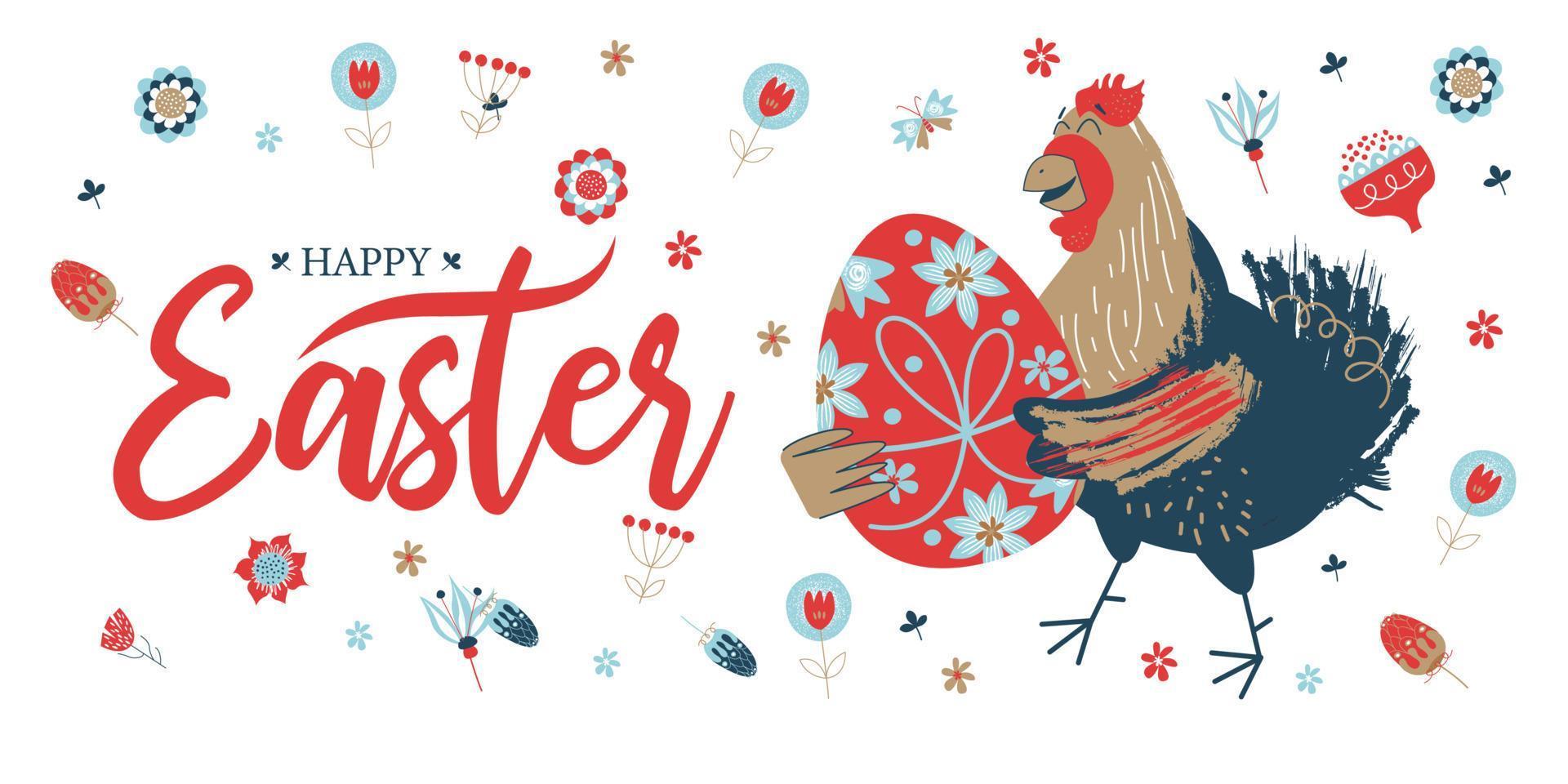 happy Easter. Colorful Easter banner with spring flowers and a cheerful chicken with an Easter egg. vector