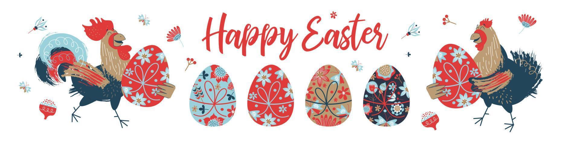 happy Easter. Colorful Easter banner with spring flowers and a cheerful rooster and a chicken with Easter eggs. vector