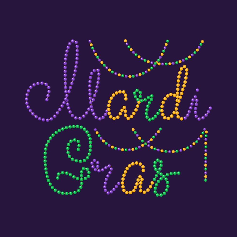 Mardi Gras text with beads vector illustration. Hand lettering poster to fat tuesday. Holiday greeting card.