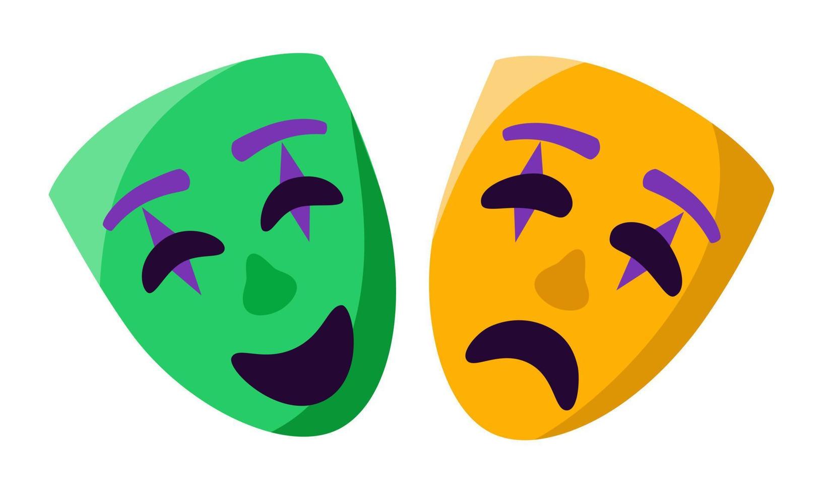 Happy and sad masks vector illustration. Joy and agony face expression. Theatre and carnival decoration stuff. Different mood masks